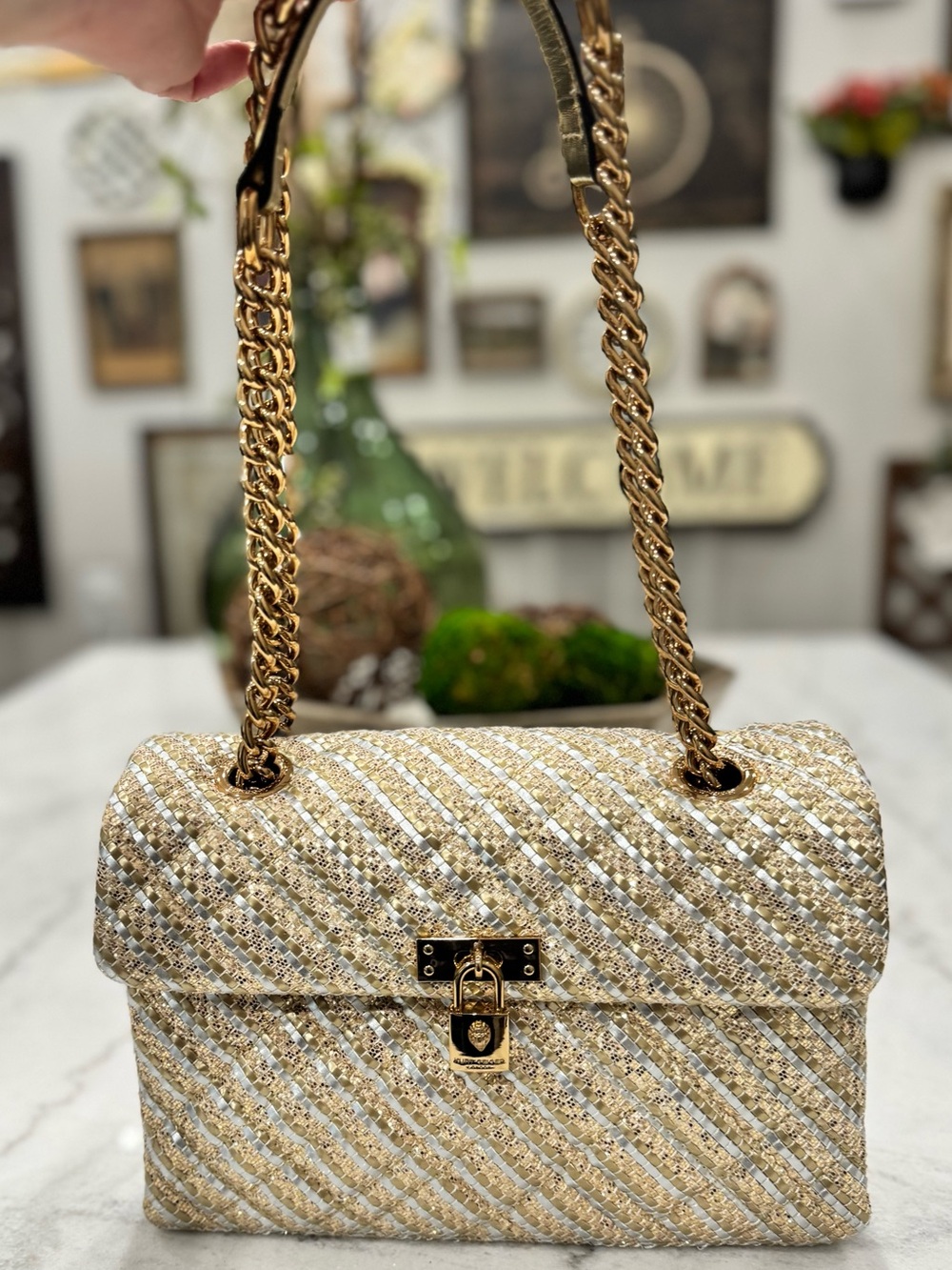Kurt Geiger Gold and White Quilted Chain Shoulder Bag
